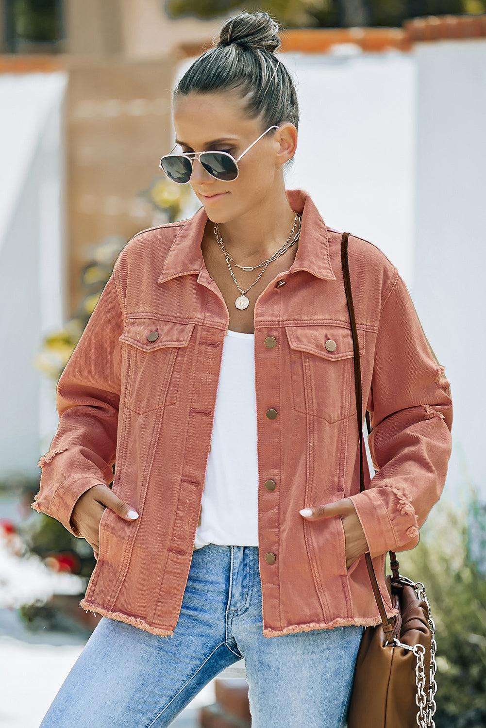 Distressed Raw Hem Denim Jacket Carauana Store