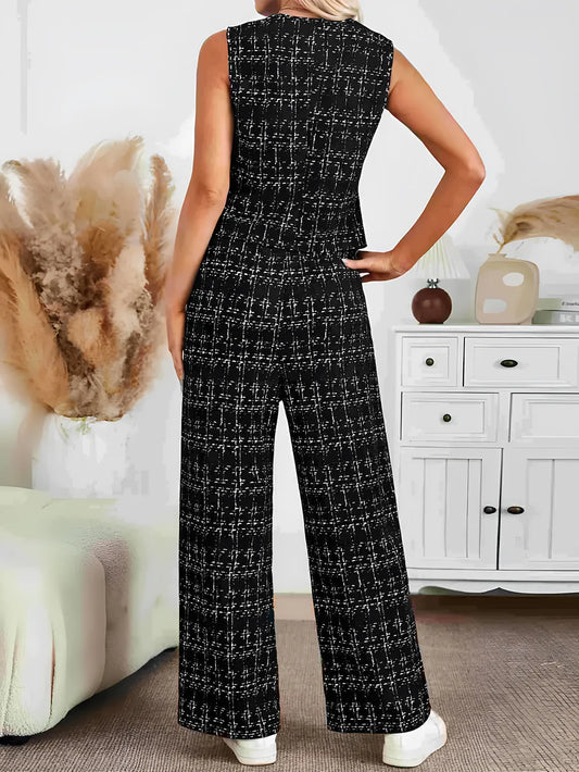 Plaid V-Neck Button Up Vest and Pants Set Carauana Store