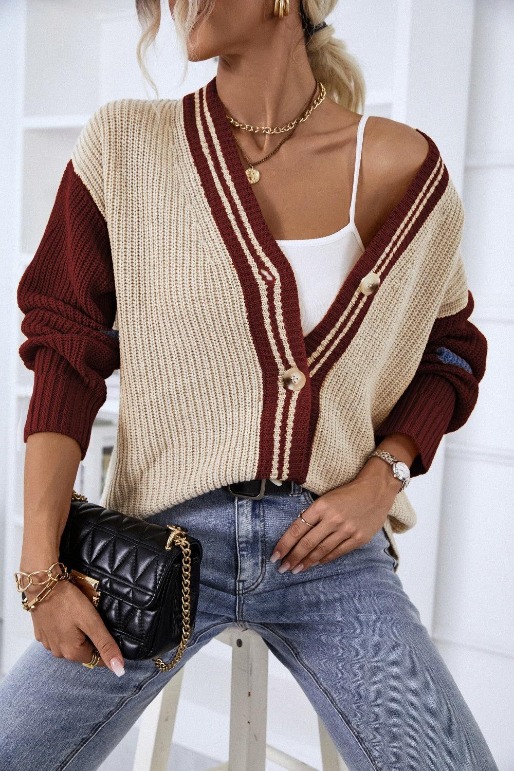 Contrast Button Up Dropped Shoulder Cardigan Carauana Store