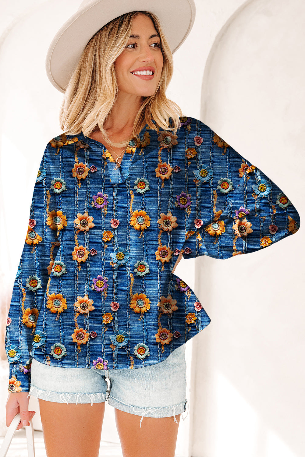 Blue Floral Collared V Neck Roll up Sleeve Shift Blouse