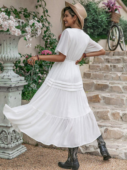 Tie Neck Short Sleeve Ruffle Hem Dress Carauana Store