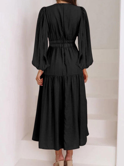 Deep V-Neck Balloon Sleeve Plain Maxi Dress Carauana Store