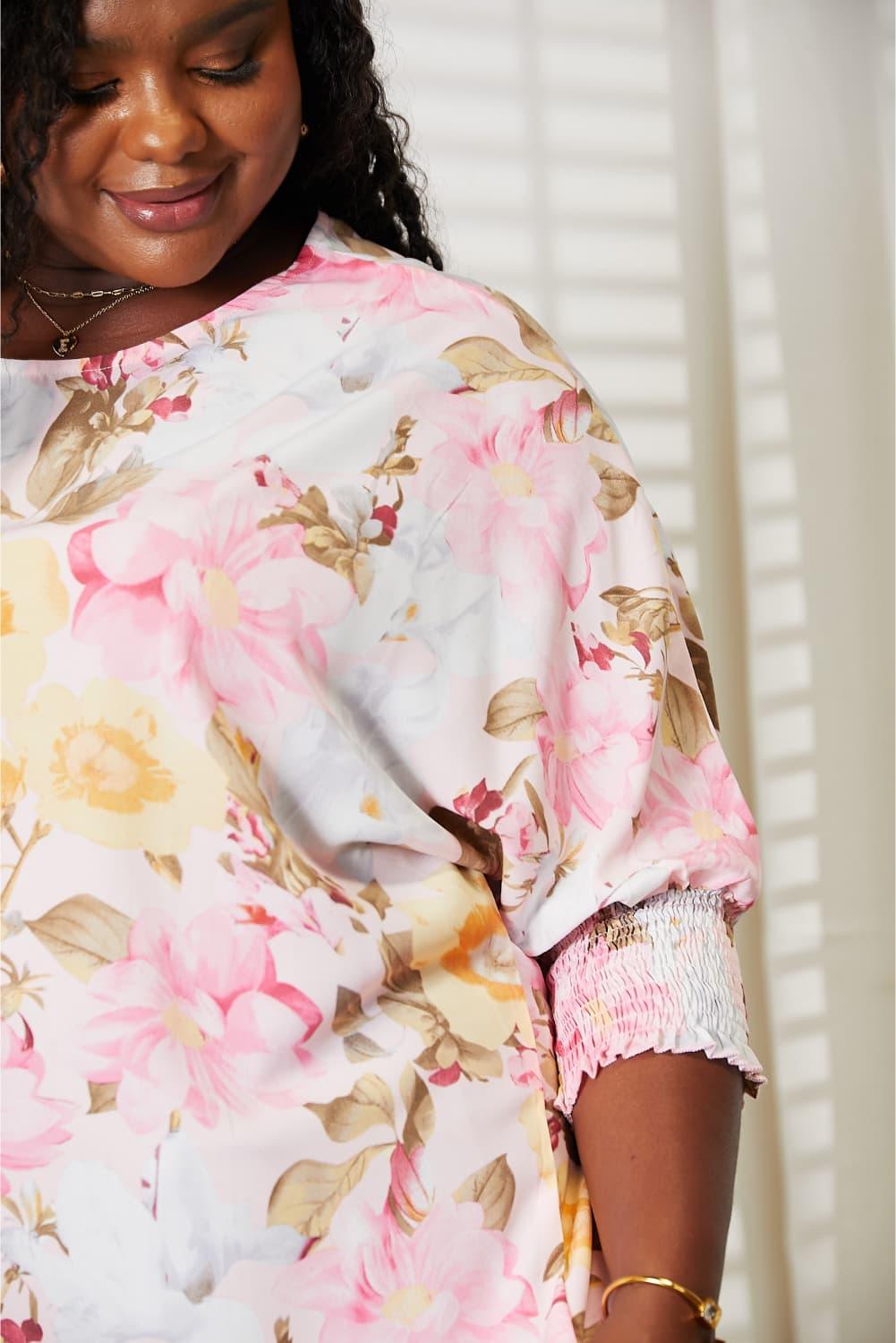 Double Take Floral Round Neck Three-Quarter Sleeve Top Carauana Store