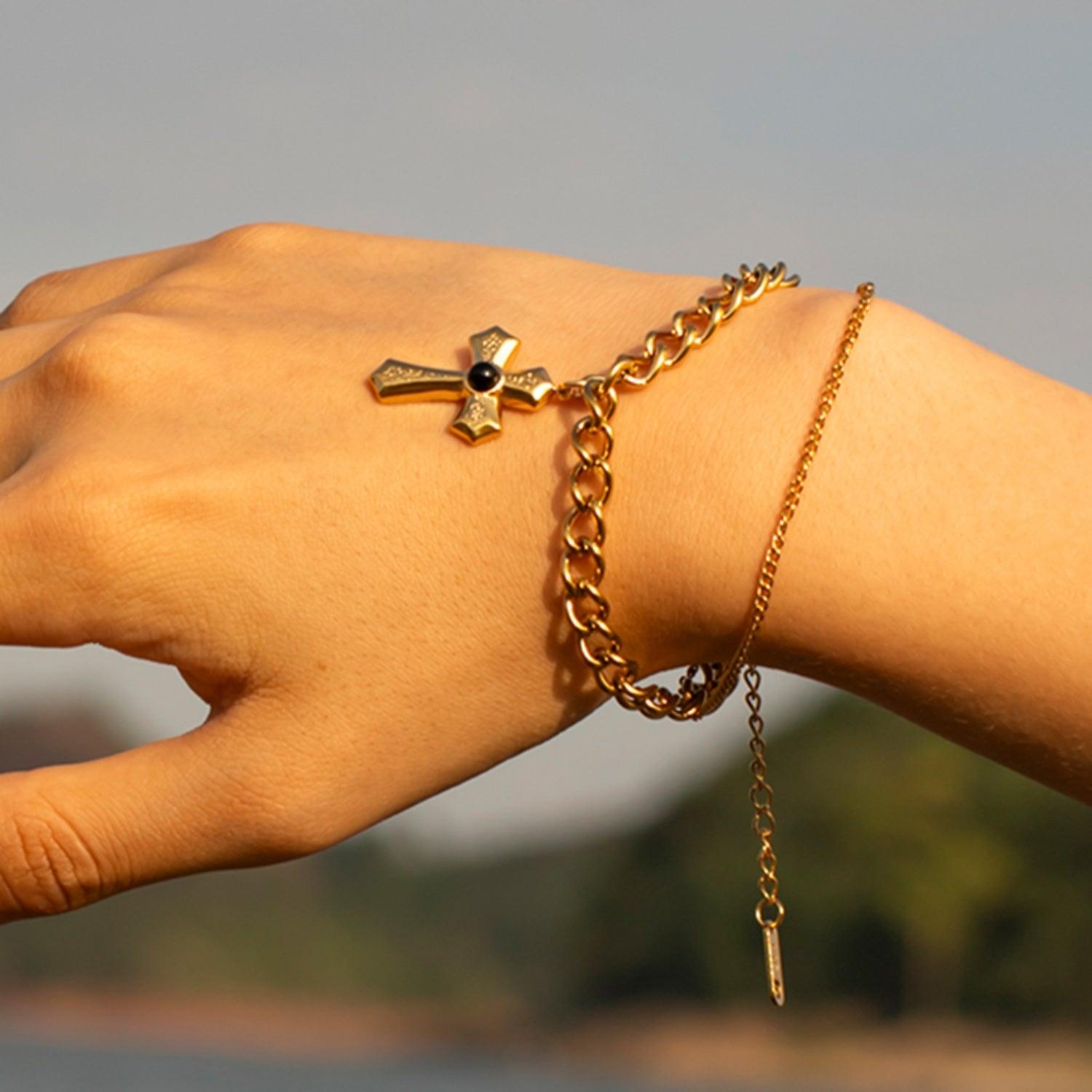 Stainless Steel Imitation Gemstone Cross Shape Pendant Bracelet Carauana Store