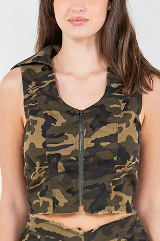 American Bazi Zip Up Camo Crop Denim Vest Carauana Store