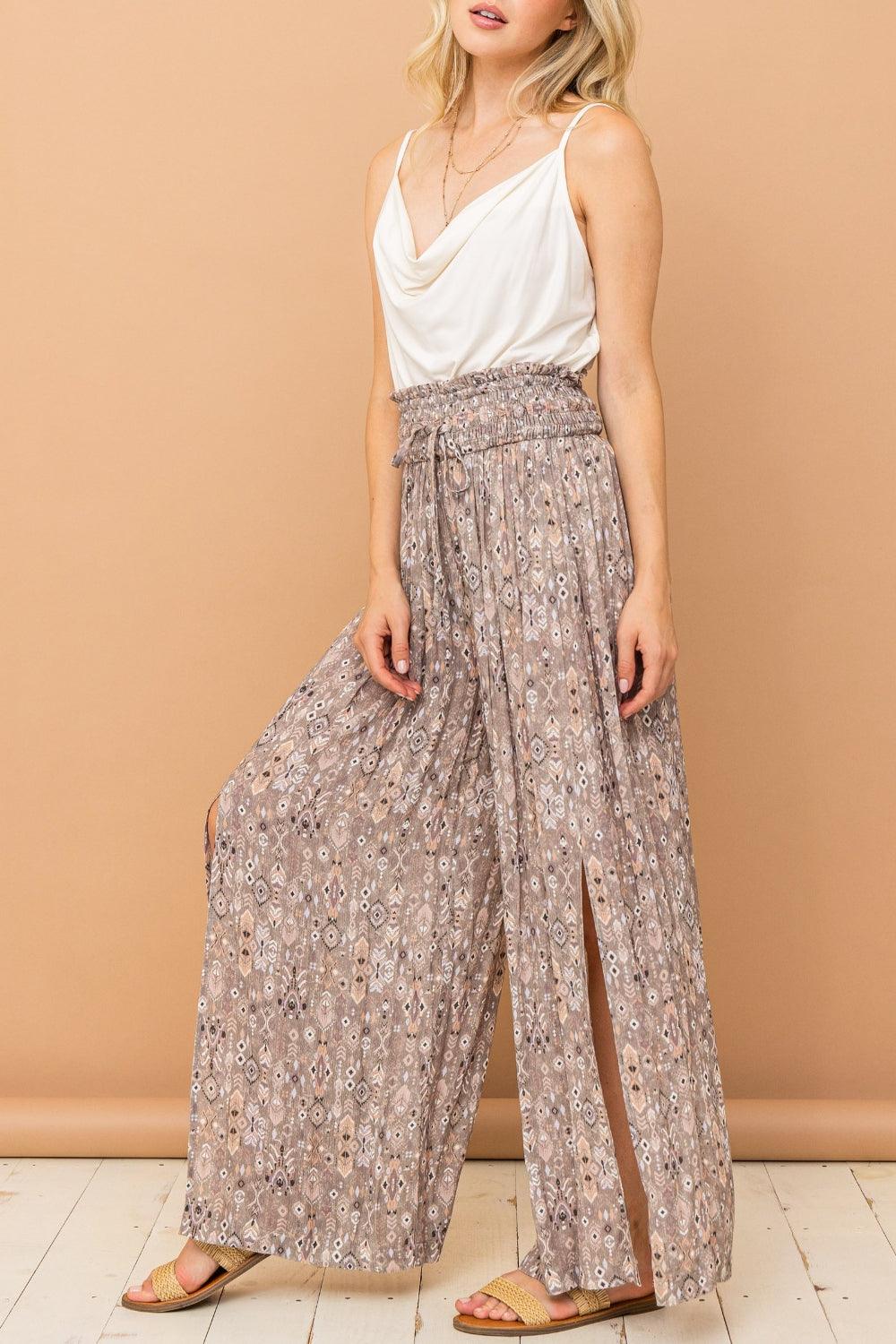 And The Why Printed Smocked Waist Slit Wide Leg Pants Carauana Store