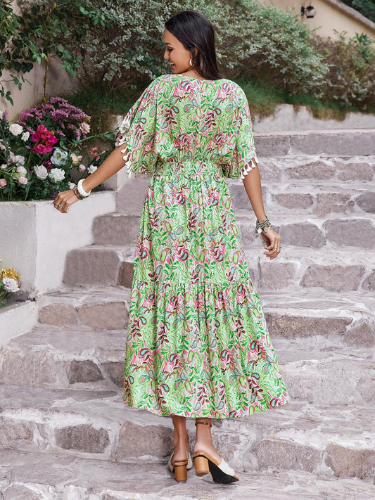 Smocked Floral V-Neck Short Sleeve Dress Carauana Store