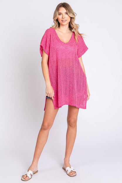 GeeGee Short Sleeve Side Slit Knit Cover Up Dress Carauana Store
