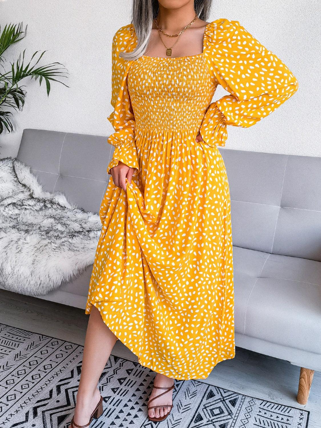 Smocked Square Neck Flounce Sleeve Dress Carauana Store