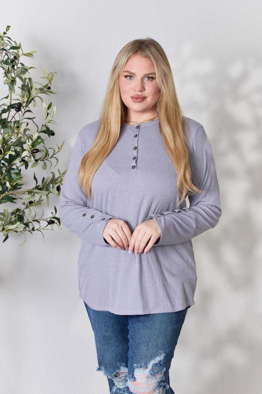 Heimish Full Size Texture Half Button Long Sleeve Top Carauana Store