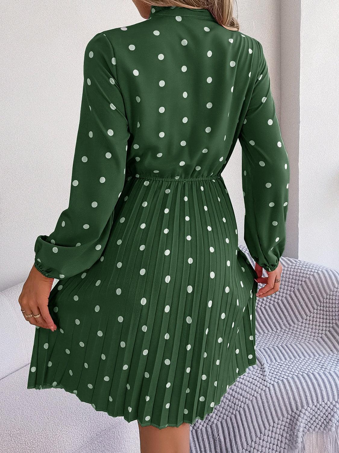 Polka Dot Tie Neck Pleated Dress Carauana Store