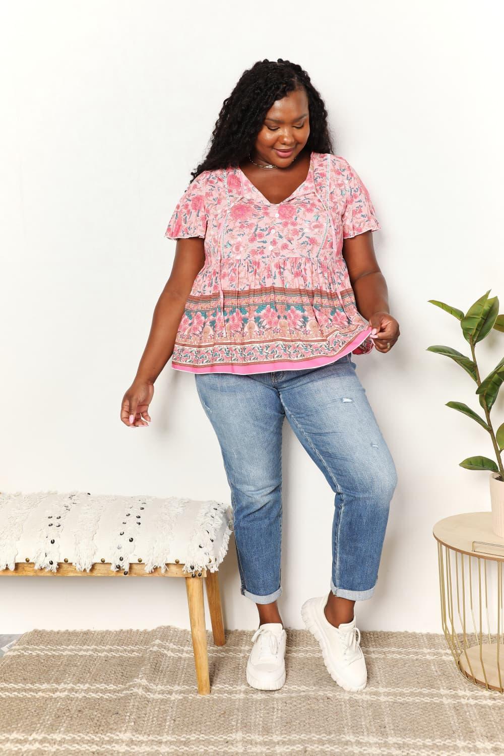 Perfee Bohemian Decorative Button Tie-Neck Peplum Blouse Carauana Store