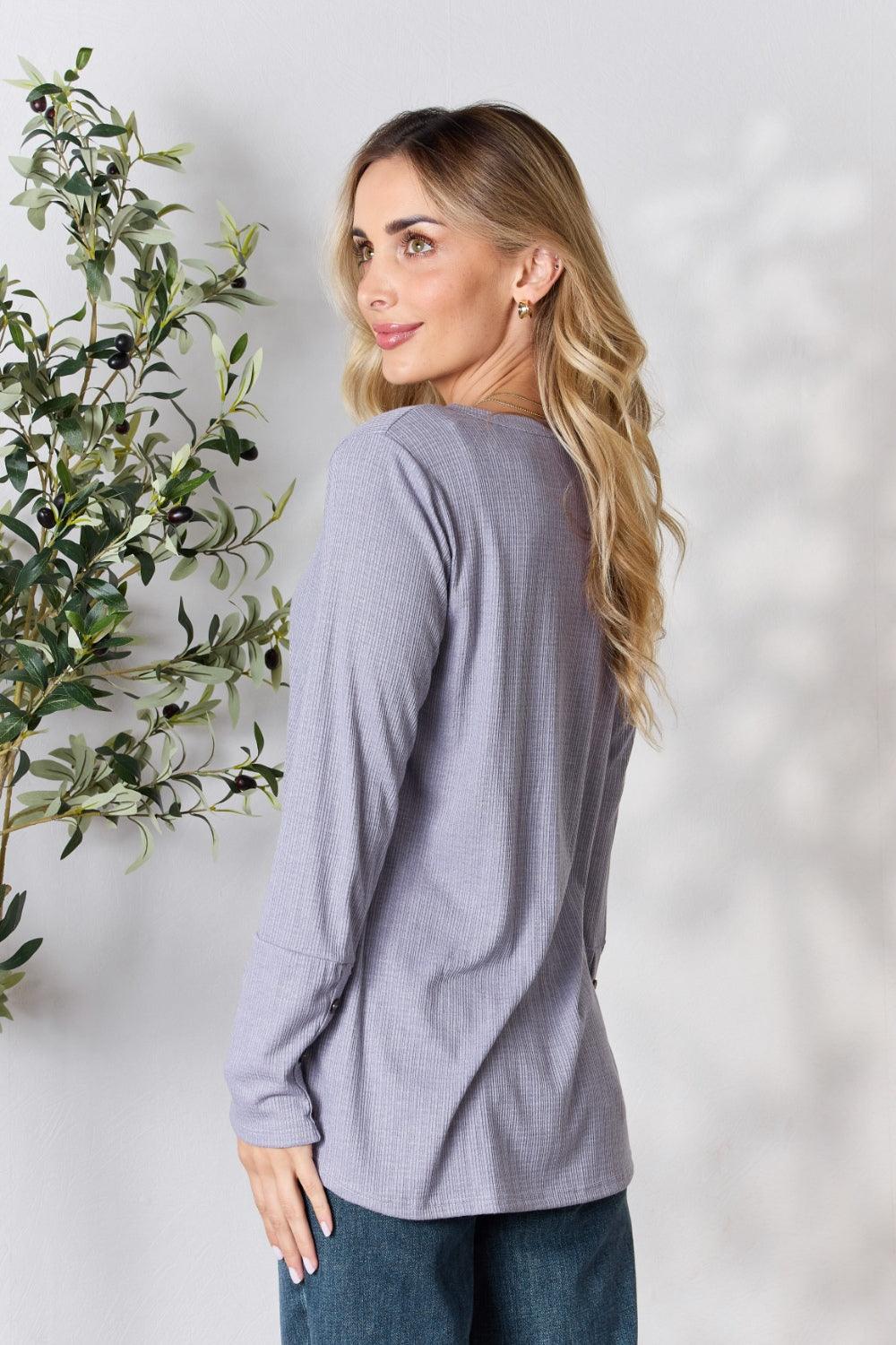 Heimish Full Size Texture Half Button Long Sleeve Top Carauana Store