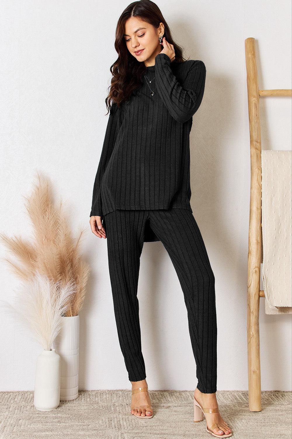 Basic Bae Full Size Ribbed Round Neck High-Low Slit Top and Pants Set Carauana Store