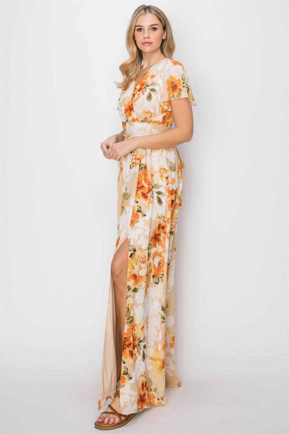 HYFVE Floral Tie Back Short Sleeve Slit Maxi Dress Carauana Store