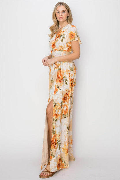 HYFVE Floral Tie Back Short Sleeve Slit Maxi Dress Carauana Store