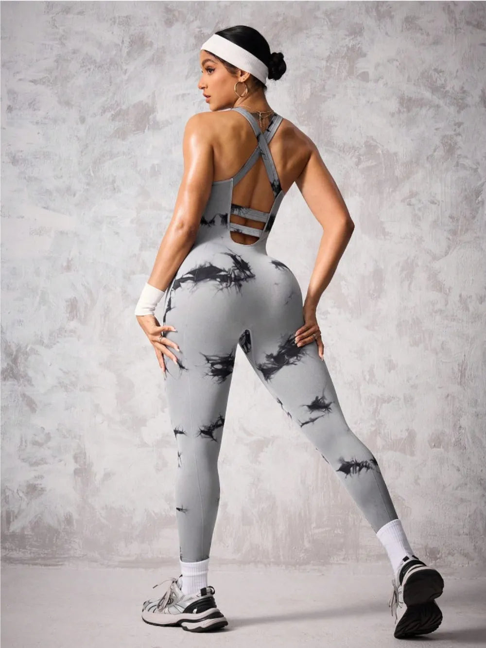 Back Crisscross Tie-Dye Scoop Neck Active Jumpsuit Carauana Store