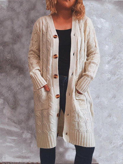 Button Up Cable-Knit Cardigan with Pockets Carauana Store
