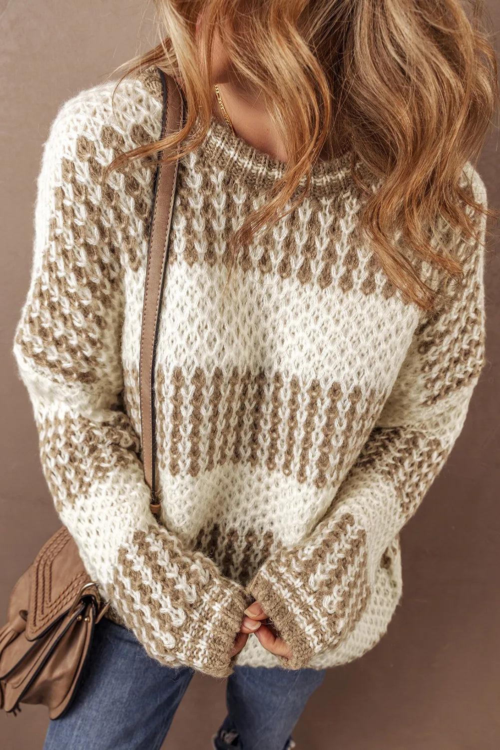 Color Block Round Neck Dropped Shoulder Sweater Carauana Store