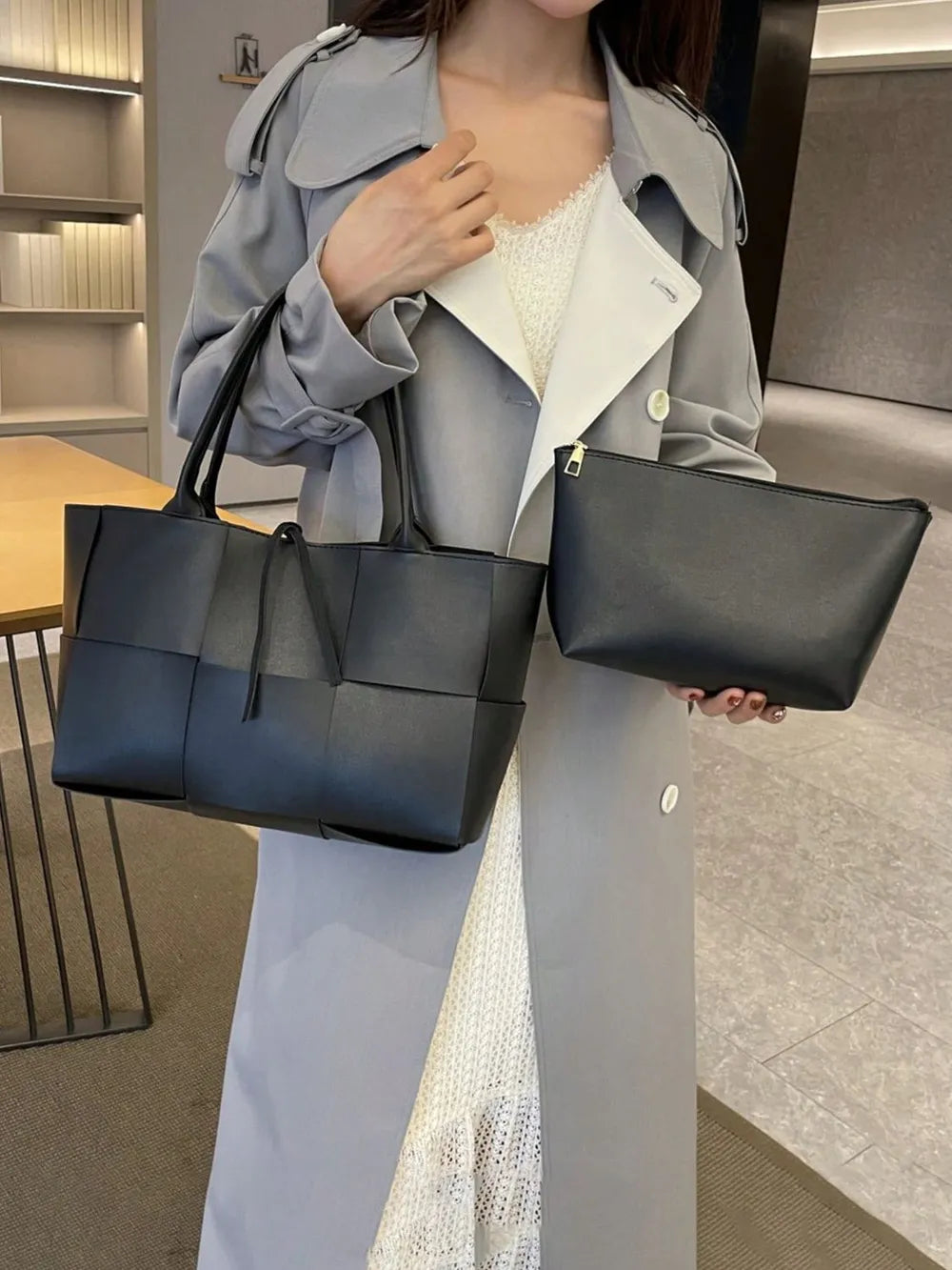 PU Leather Woven Handbag and Clutch Set Carauana Store