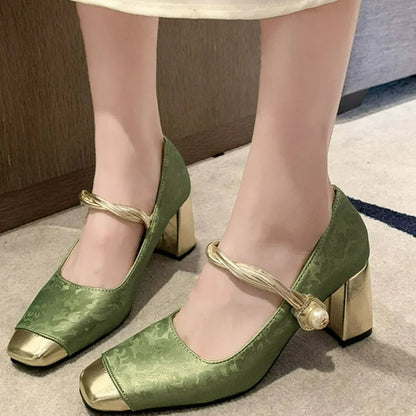 Square Toe Block Heels Pumps