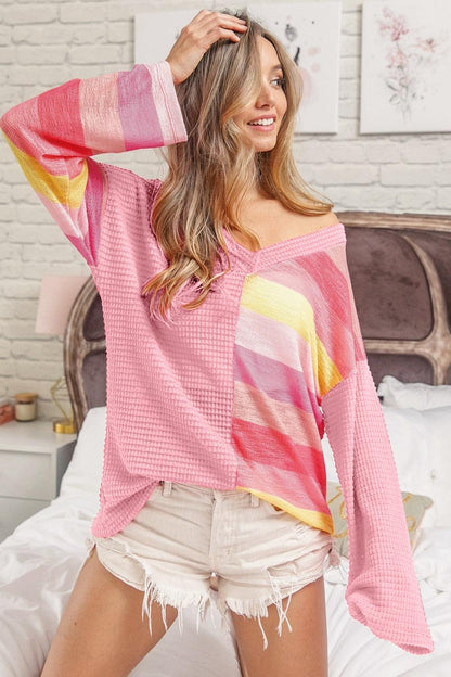 BiBi Striped Contrast Waffle Long Sleeve Top Carauana Store
