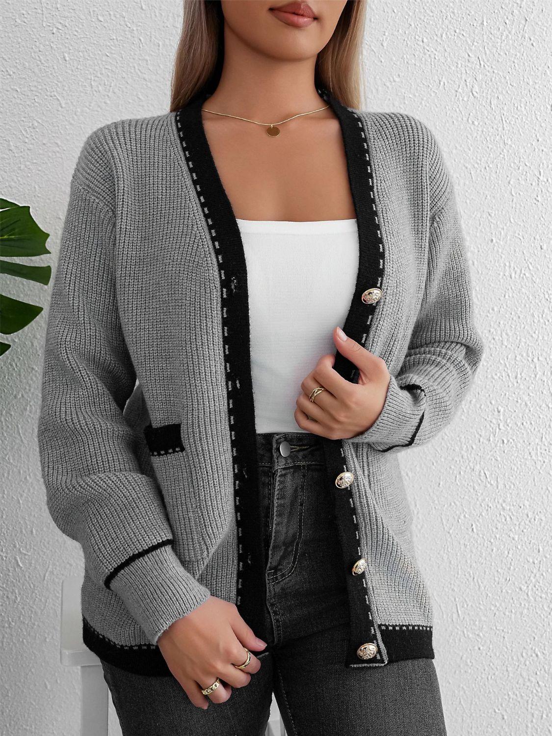 Contrast Trim Button Up Long Sleeve Cardigan Carauana Store