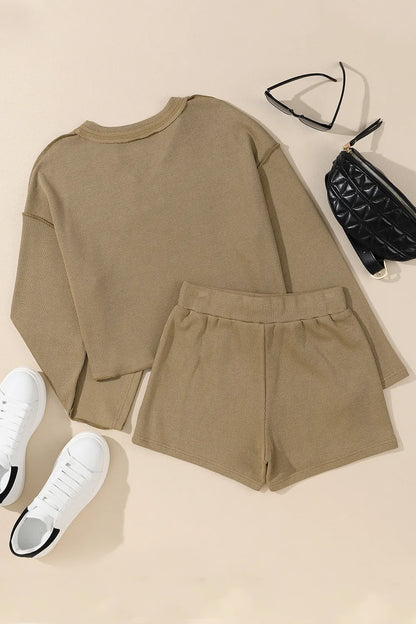 Exposed Seam Long Sleeve Top and Drawstring Shorts Set Carauana Store