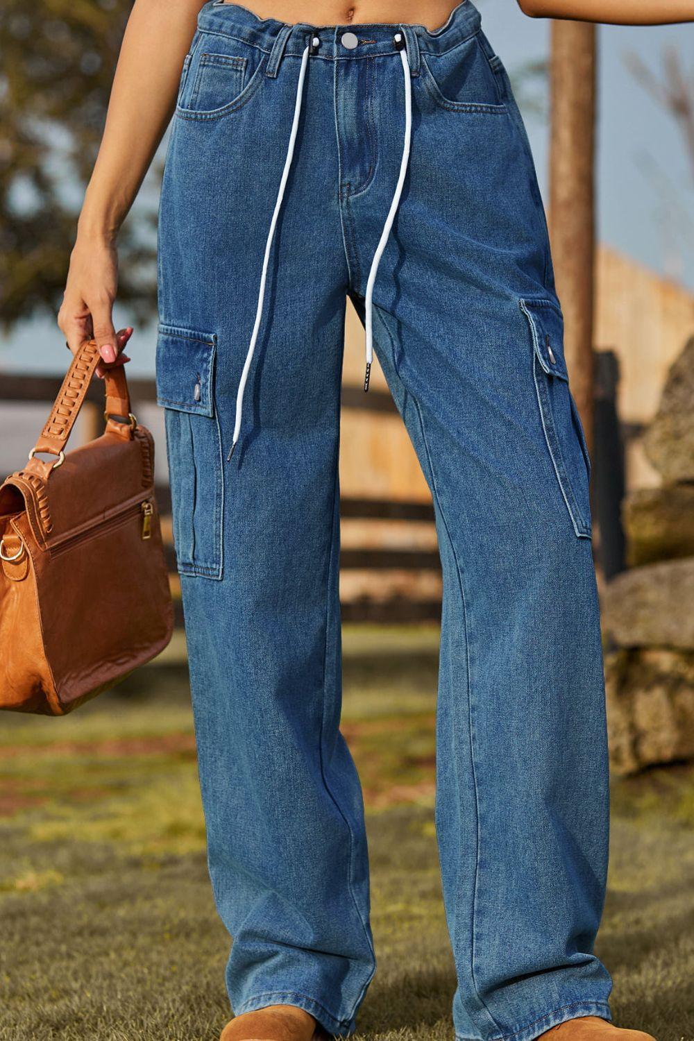 Loose Fit Drawstring Jeans with Pocket Carauana Store