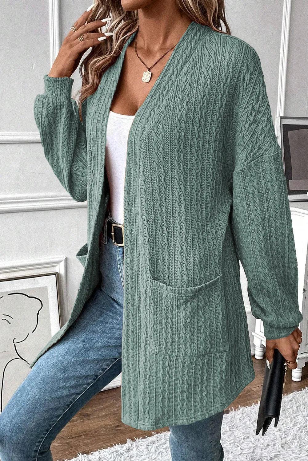 Textured Pocketed Open Front Long Sleeve Cover Up Carauana Store
