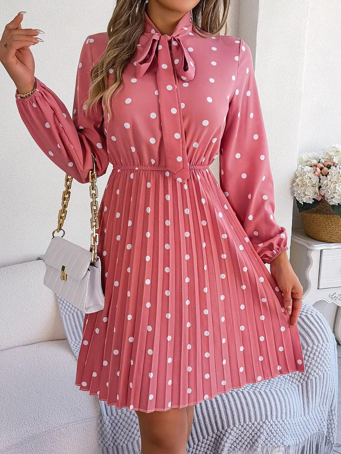 Polka Dot Tie Neck Pleated Dress Carauana Store