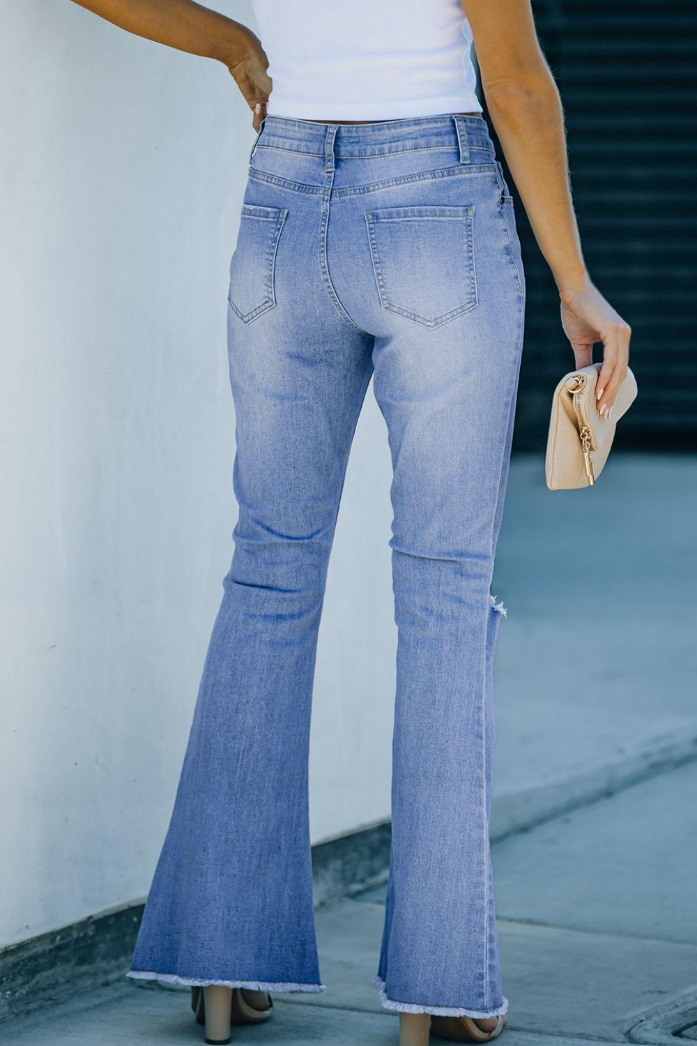 Button-Fly Distressed Raw Hem Flare Jeans Carauana Store