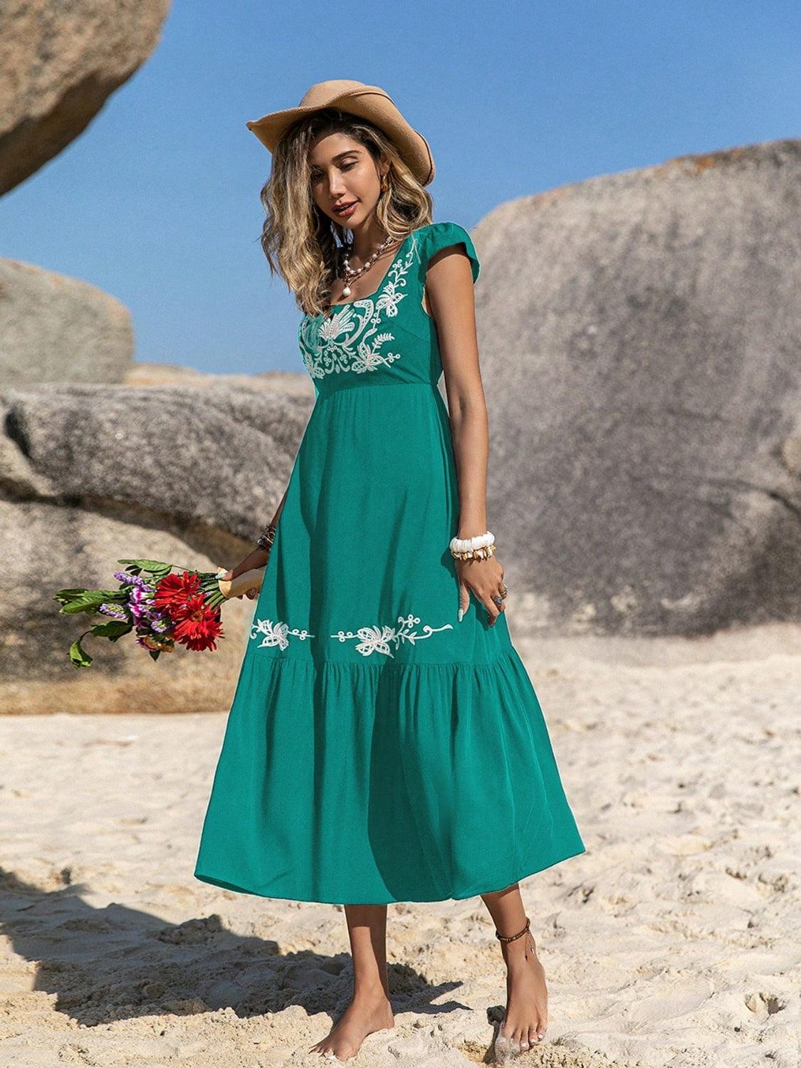Embroidered Square Neck Cap Sleeve Dress Carauana Store