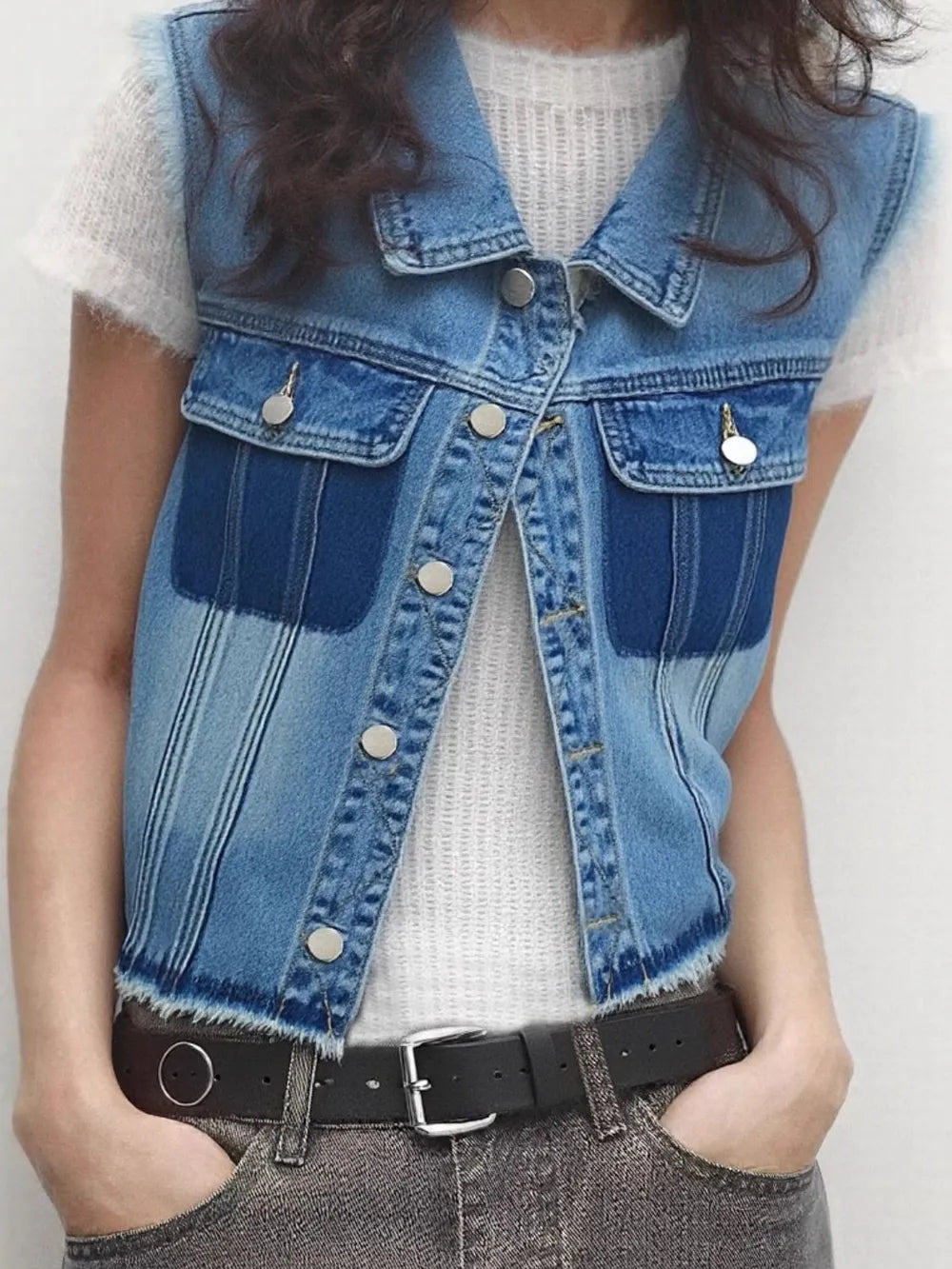 Raw Hem Pocketed Contrast Sleeveless Denim Jacket Carauana Store