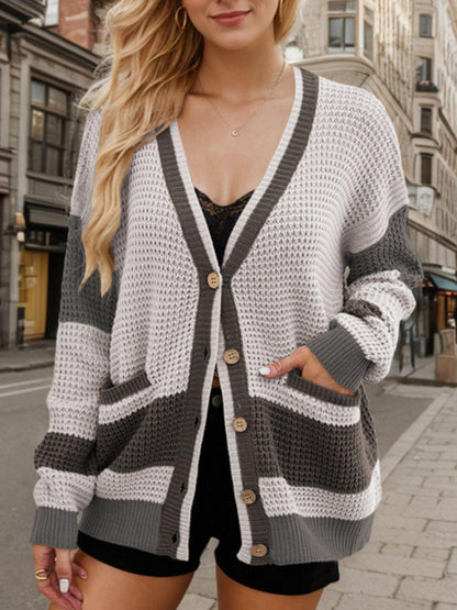 Contrast Button Up Long Sleeve Cardigan Carauana Store