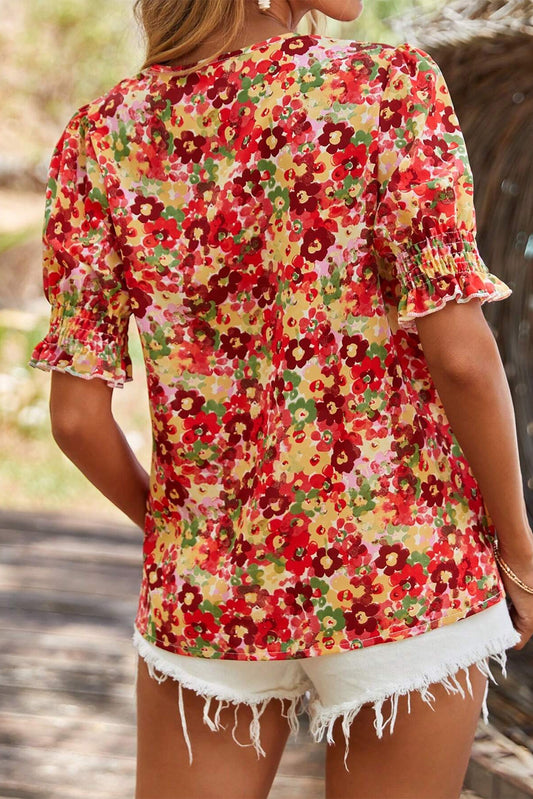 Red Floral Bubble Sleeve Pleated V Neck Wrap Blouse
