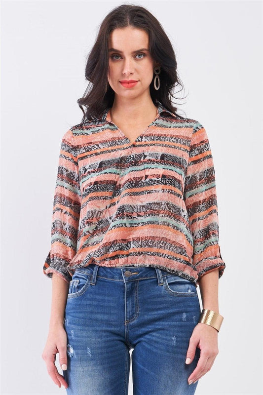 Mono B Cutout Johnny Collar Three-Quarter Sleeve Blouse Carauana Store