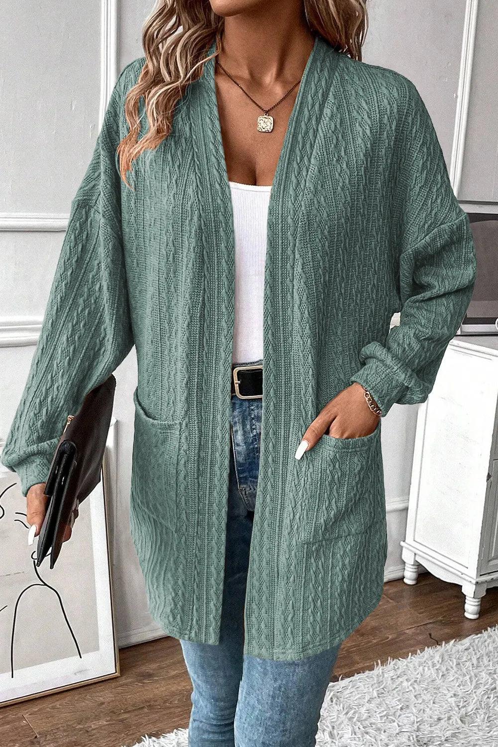 Textured Pocketed Open Front Long Sleeve Cover Up Carauana Store