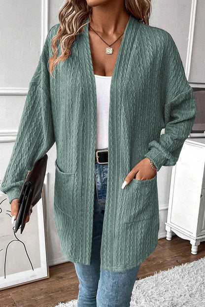 Textured Pocketed Open Front Long Sleeve Cover Up Carauana Store