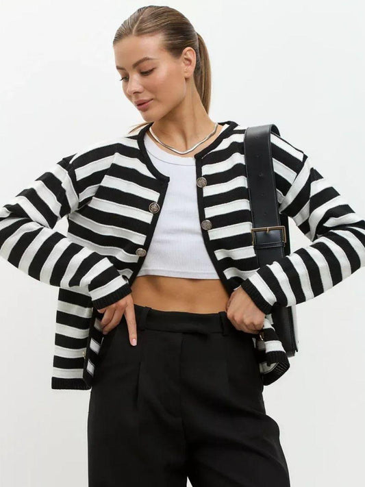 Striped Dropped Shoulder Long Sleeve Cardigan Carauana Store
