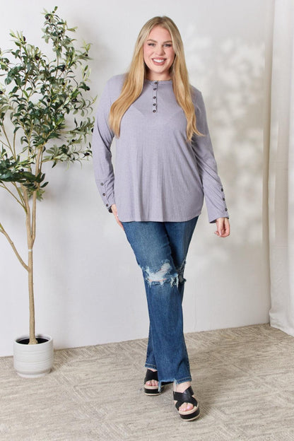 Heimish Full Size Texture Half Button Long Sleeve Top Carauana Store