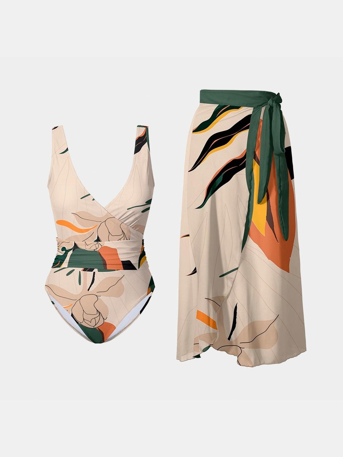 Printed Surplice Wide Strap Swimwear and Skirt Swim Set Carauana Store