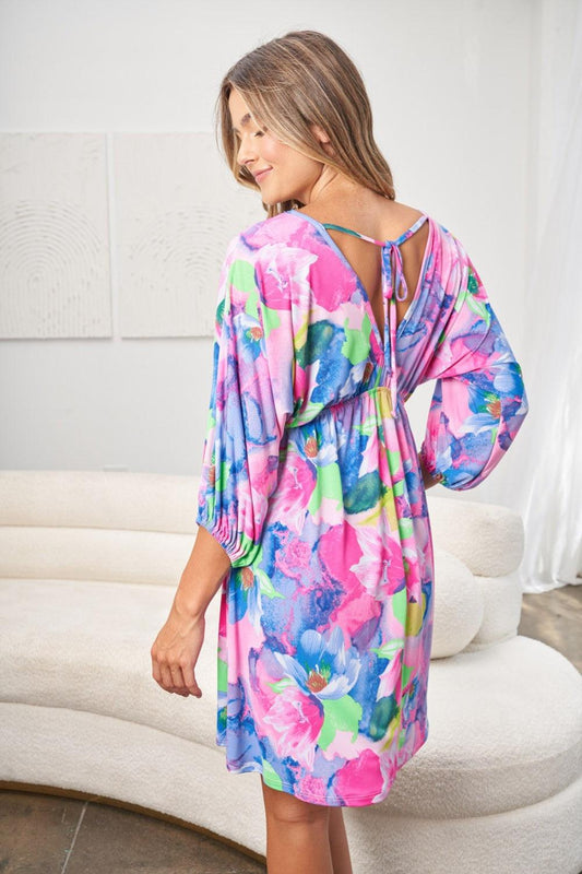 White Birch Full Size Printed V-Neck Tie Back Mini Dress Carauana Store