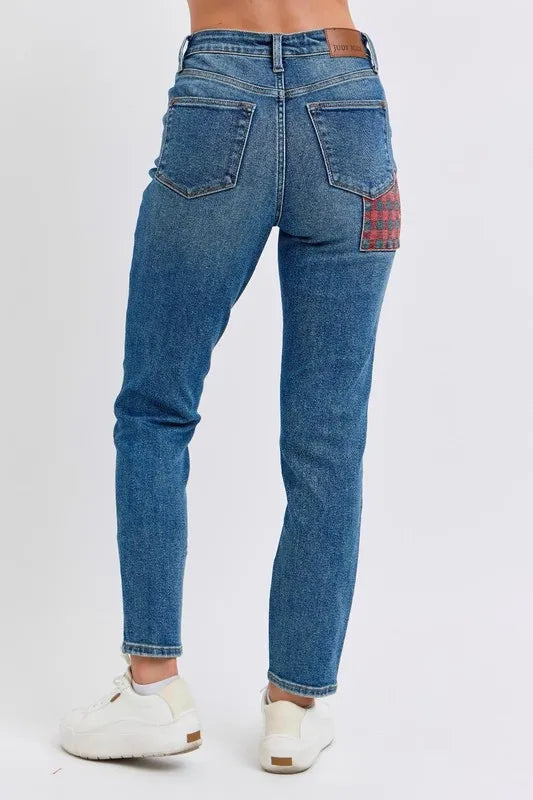 Judy Blue Full Size HW Plaid Patch Slim Fit Jeans Plus Size Carauana Store