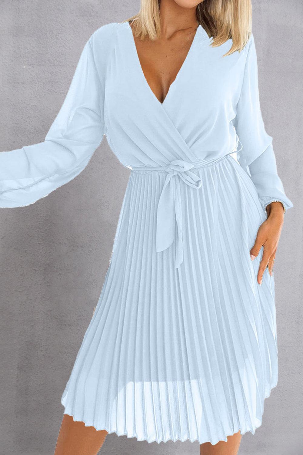 Tied Surplice Long Sleeve Pleated Dress Carauana Store