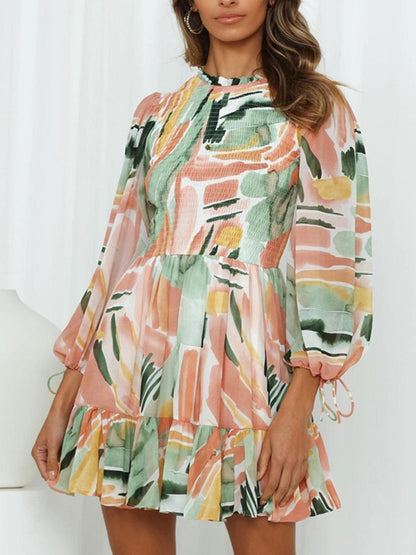 Printed Mock Neck Balloon Sleeve Mini Dress Carauana Store