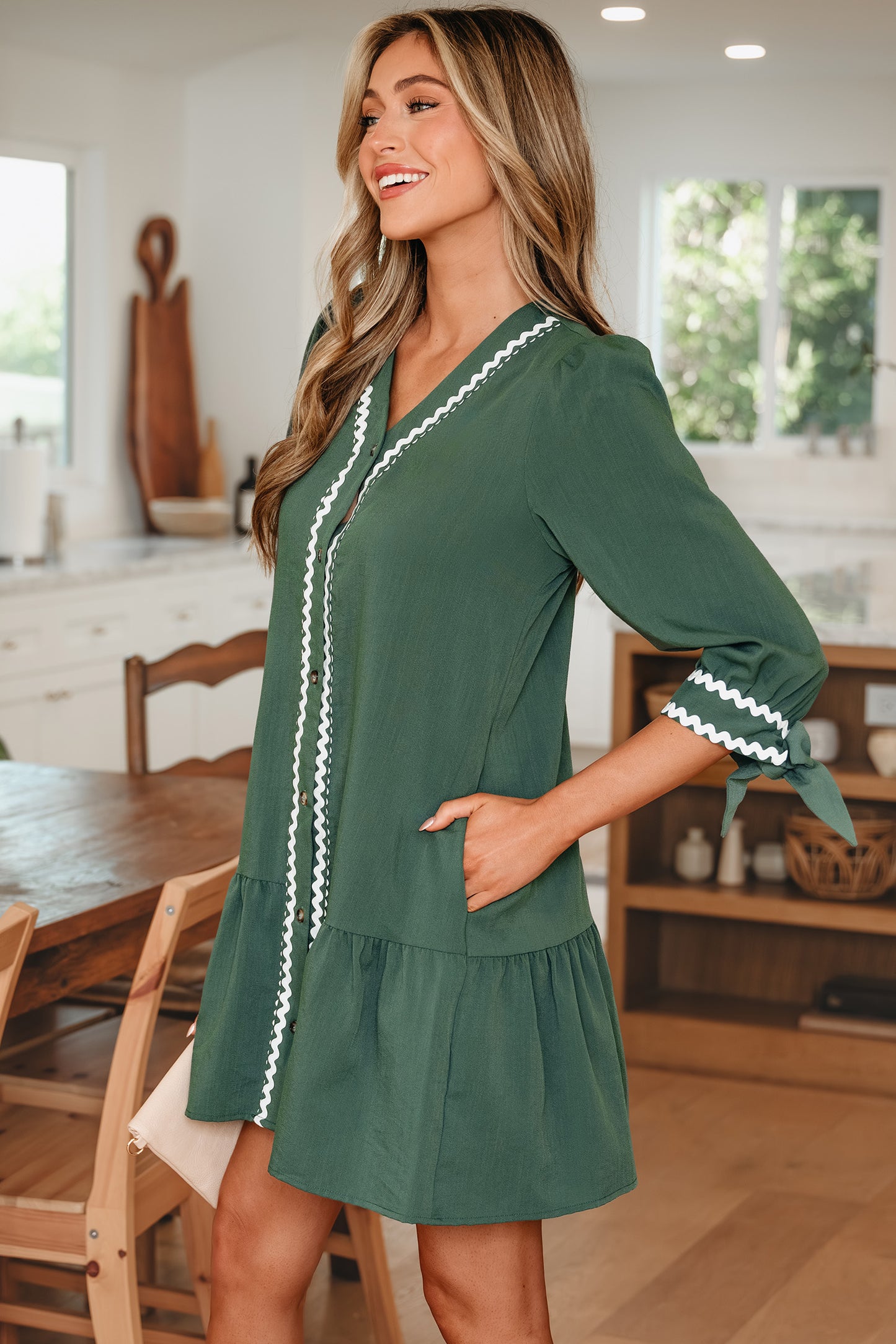 Canton Contrast Ricrac Trim Button V Neck Knotted Bracelet Sleeve Shift Dress CaRaUaNa Fashion