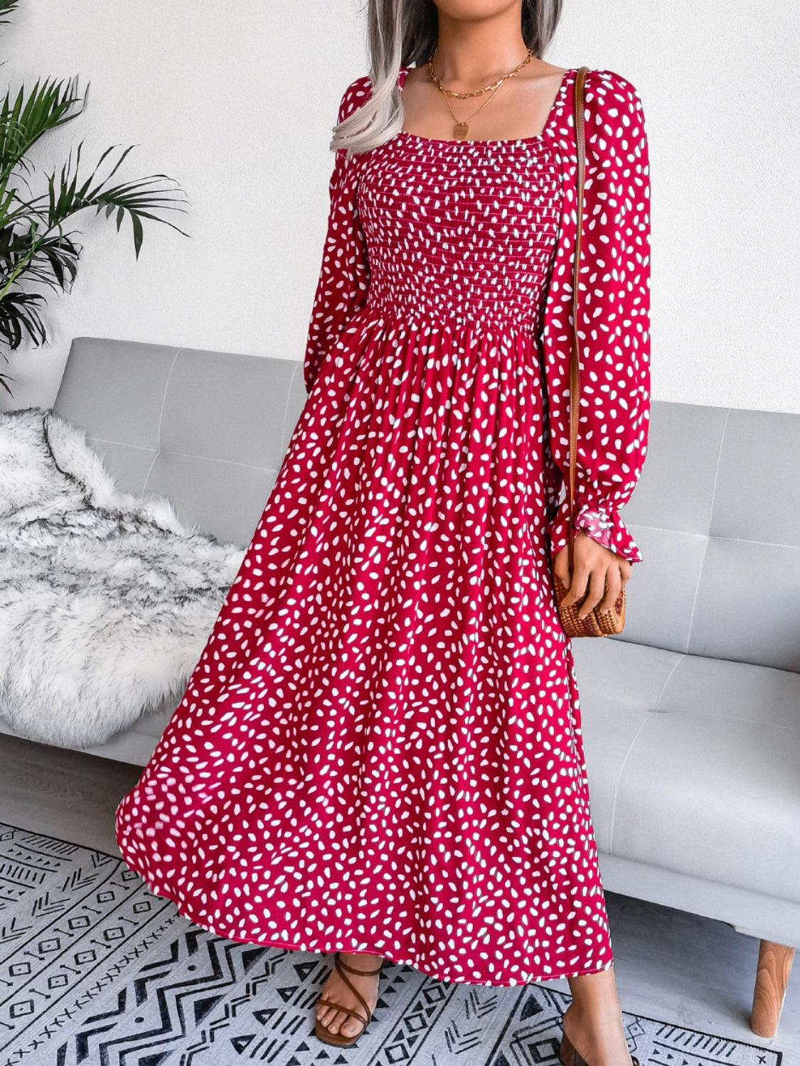 Smocked Square Neck Flounce Sleeve Dress Carauana Store