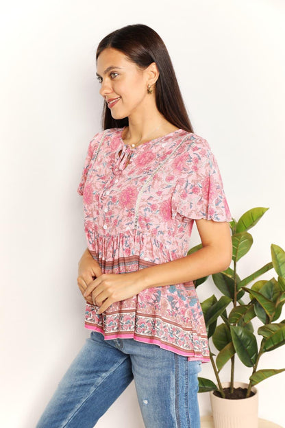 Perfee Bohemian Decorative Button Tie-Neck Peplum Blouse Carauana Store