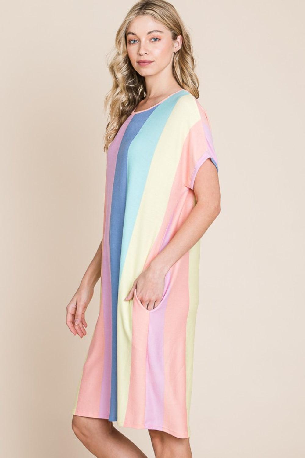 BOMBOM Striped Short Sleeve Dress with Pockets Carauana Store
